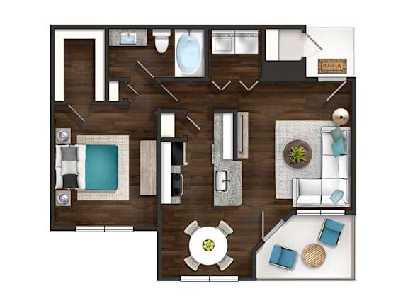 A floor plan of a small apartment with a kitchen, living room, and bathroom.