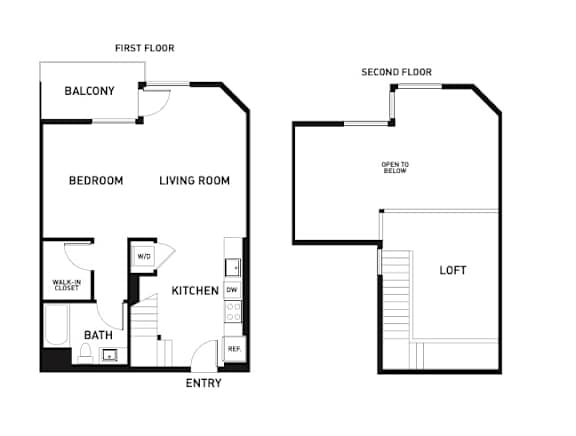 A floor plan of a two-story home with a balcony on the first floor and a loft on the second floor.