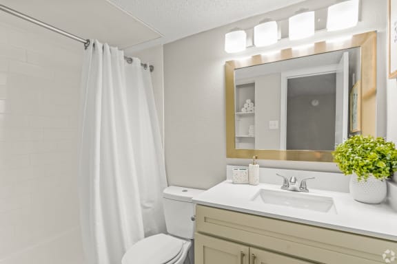 a bathroom with a shower and a sink and a mirror at District 2308, Arlington Texas?