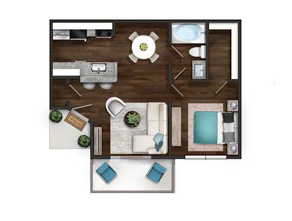 A top-down view of a room with a kitchen, living room, and bathroom.
