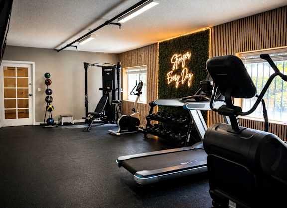 A home gym with a treadmill, weights, and exercise equipment.