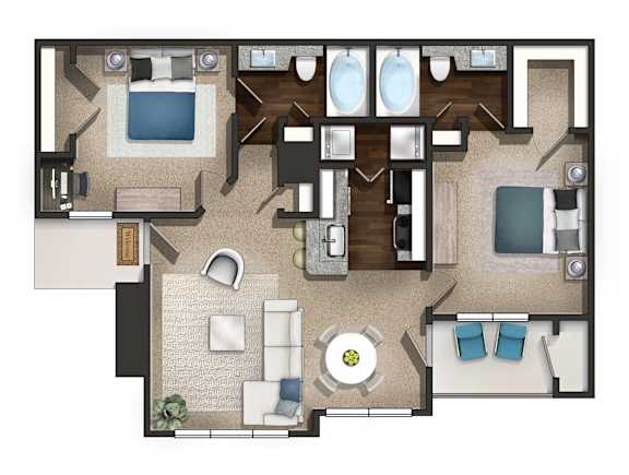 A floor plan of a house with a kitchen, living room, and bathrooms.
