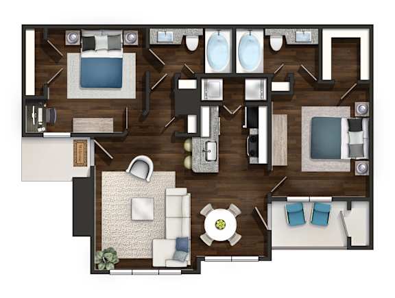 A top-down view of a living room with a couch, coffee table, and television.