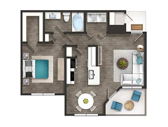 A floor plan of a small apartment with a kitchen, living room, and bathroom.