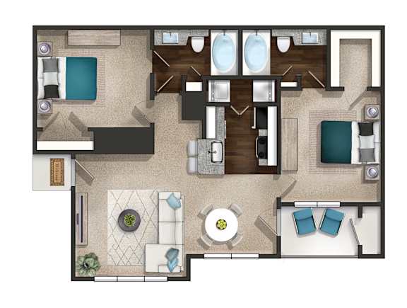 A floor plan of a house with a kitchen, living room, dining room, and bathrooms.