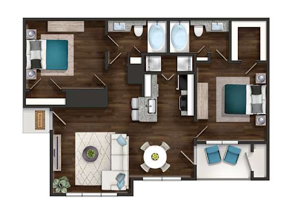 A top-down view of a room with a couch, a bed, a table, and a chair.