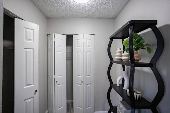 A hallway with white doors and a black shelf with a plant on it.