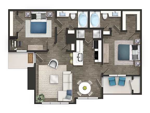 A floor plan of a house with a living room, two bedrooms, a bathroom, and a kitchen.
