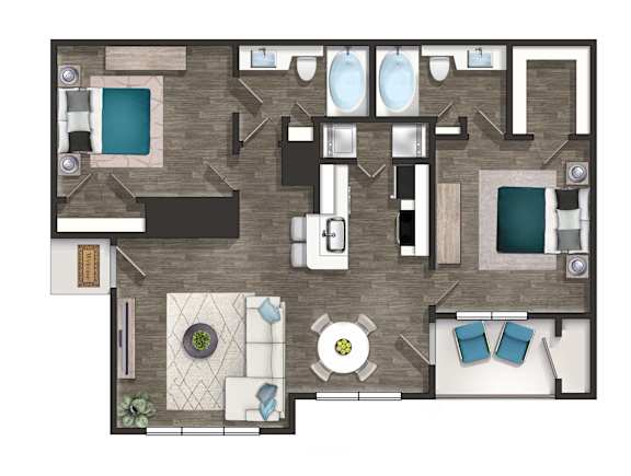 A floor plan of a house with a kitchen, living room, dining room, and bathrooms.