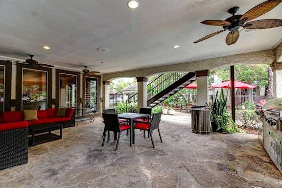 Covered patio at Stone Creek at Old Farm Apartments, Houston, TX 77063
