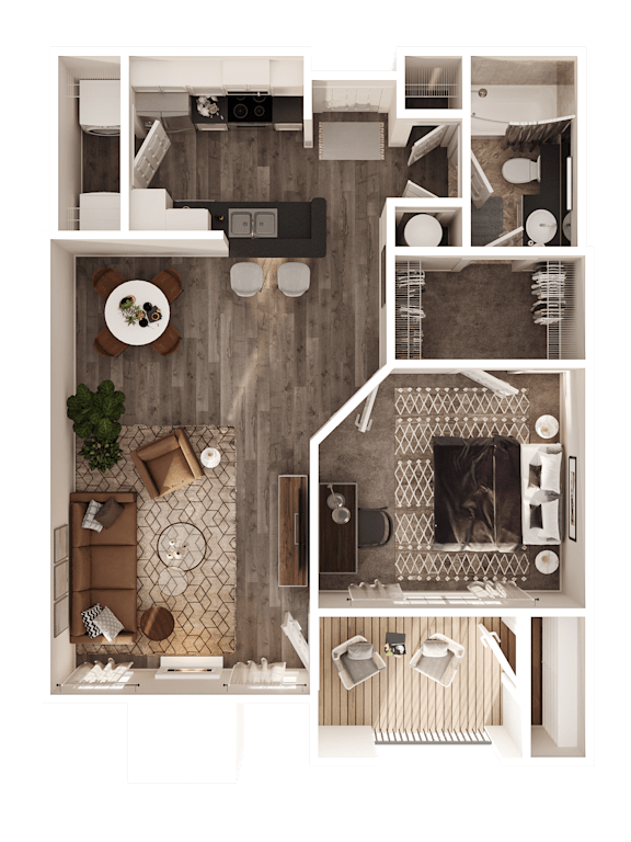 A top-down view of a small apartment with a living room, kitchen, and bathroom.