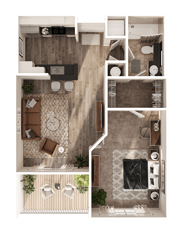 A top-down view of a living room, kitchen, and dining area.