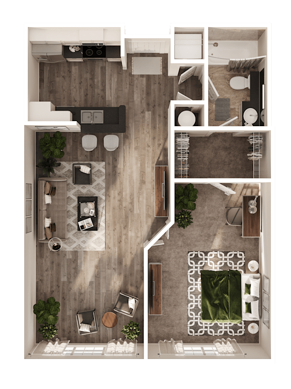 A top-down view of a house interior with a living room, kitchen, and dining area.
