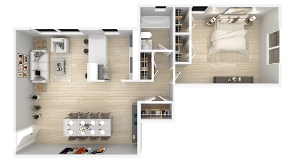 A top-down view of a modern apartment layout.