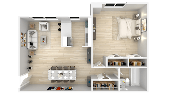 A modern apartment with a kitchen, living room, and bedroom.