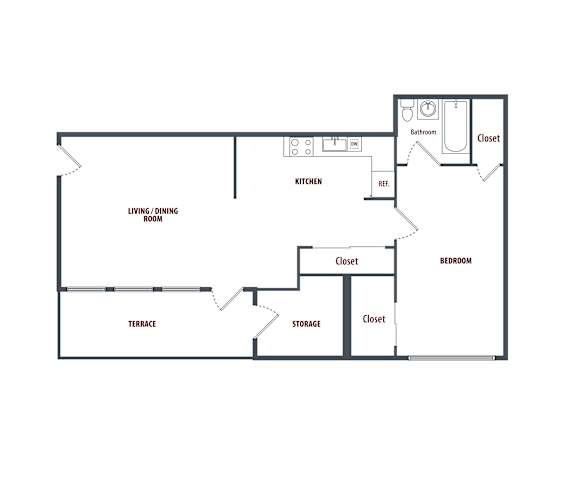 A floor plan of a house with a living room, dining room, kitchen, bedroom, bathroom, storage, and terrace.