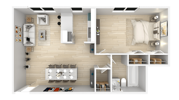A modern apartment layout with a kitchen, living room, and bedroom.