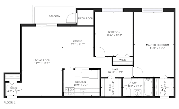 A floor plan of a home with a living room, dining room, kitchen, and two bedrooms.