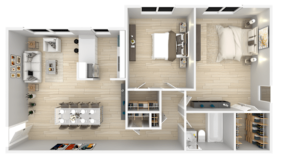 A 3D rendered image of a modern apartment layout.