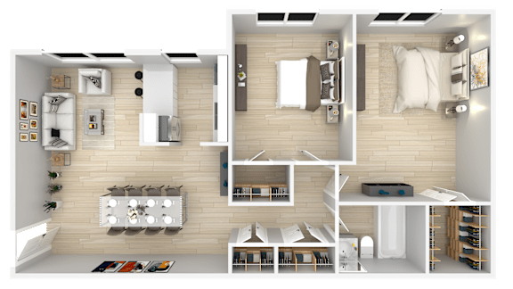 A 3D rendered image of a modern apartment layout.