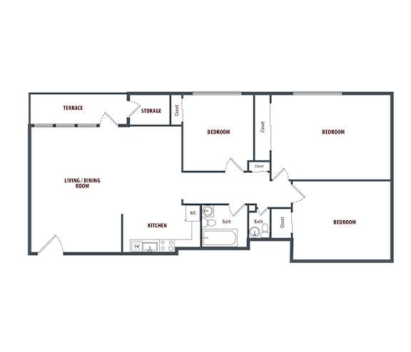 A floor plan of a house with a kitchen, living room, two bedrooms, and a storage area.
