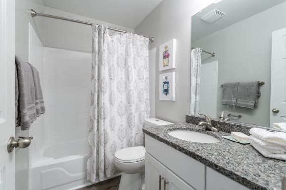 a bathroom with a shower sink and toilet and a mirror