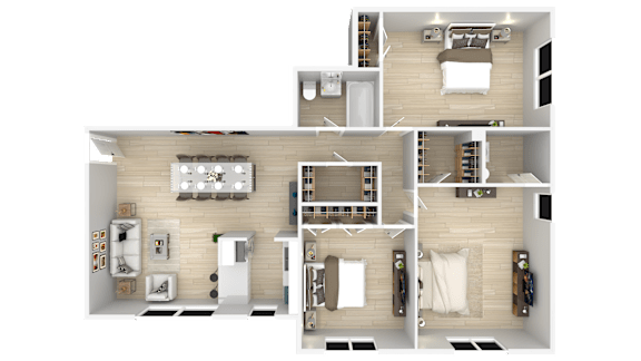 A detailed 3D floor plan of a modern apartment layout.