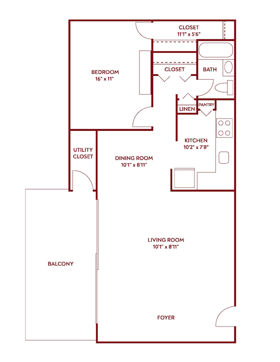 A red floor plan of an apartment with a living room, dining room, kitchen, bedroom, and bathroom.