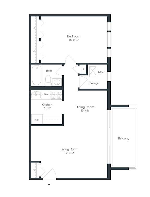 A floor plan of a home with a living room, dining room, kitchen, bath, bedroom, storage, and balcony.