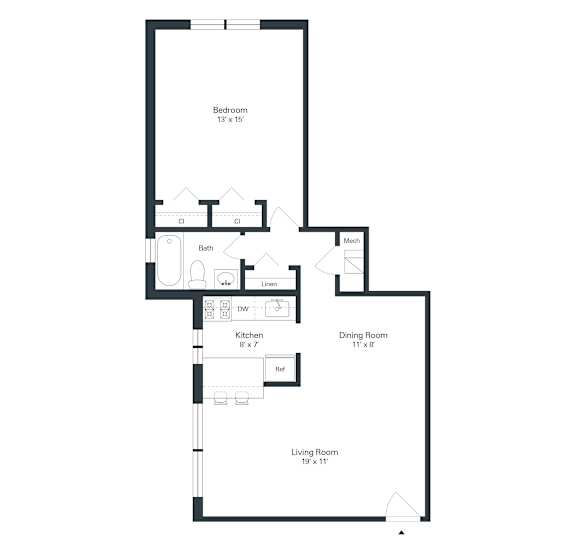 A floor plan of a house with a bedroom, a dining room, a living room, a kitchen, a bathroom, and a laundry area.