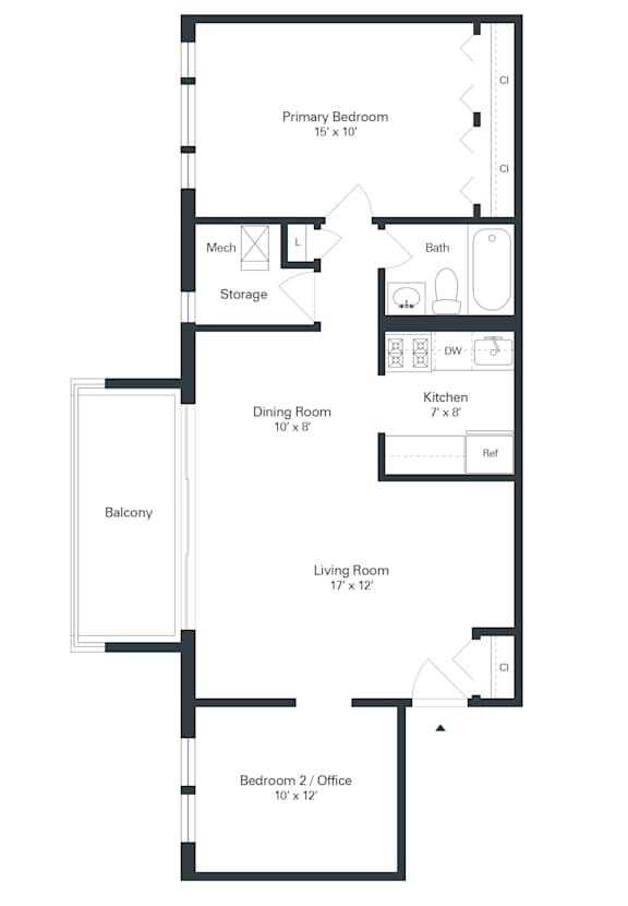 A floor plan of a house with a living room, dining room, kitchen, two bedrooms, a bathroom, and storage.
