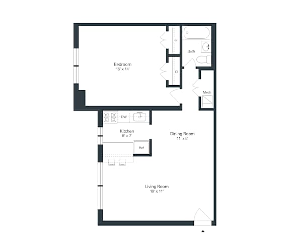 A floor plan of a house with a bedroom, a kitchen, a dining room, and a living room.