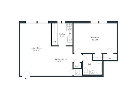 A black and white image of a floor plan for a small apartment.