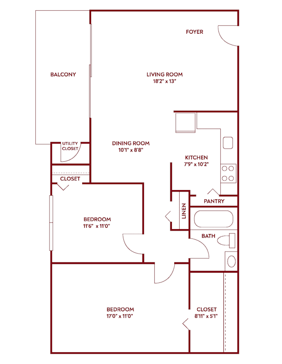 A red floor plan of a house with labeled rooms.