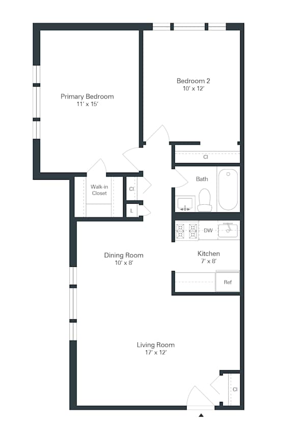 A black and white image of a floor plan for a house with a living room, dining room, kitchen, two bedrooms, and a bathroom.