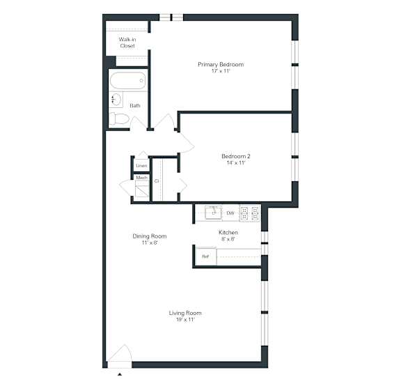 A floor plan of a house with a living room, dining room, kitchen, two bedrooms, and a bathroom.
