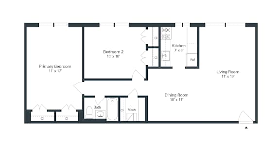 A floor plan of a house with a living room, dining room, kitchen, two bedrooms, a bathroom, and a mudroom.