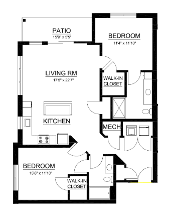 A black and white image of a house floor plan with a patio, two bedrooms, a living room, a kitchen, and a walk-in closet.