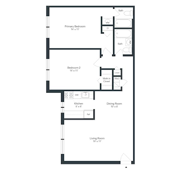 A floor plan of a house with a living room, dining room, kitchen, two bedrooms, and two bathrooms.