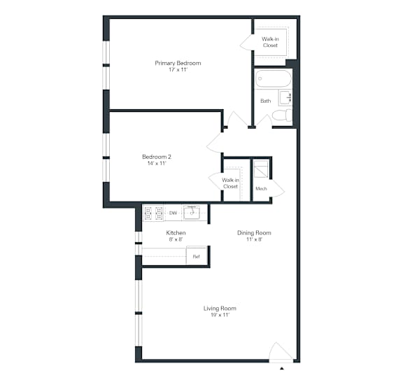 A floor plan of a house with a living room, two bedrooms, a dining room, a kitchen, a bathroom, and a walk-in closet.