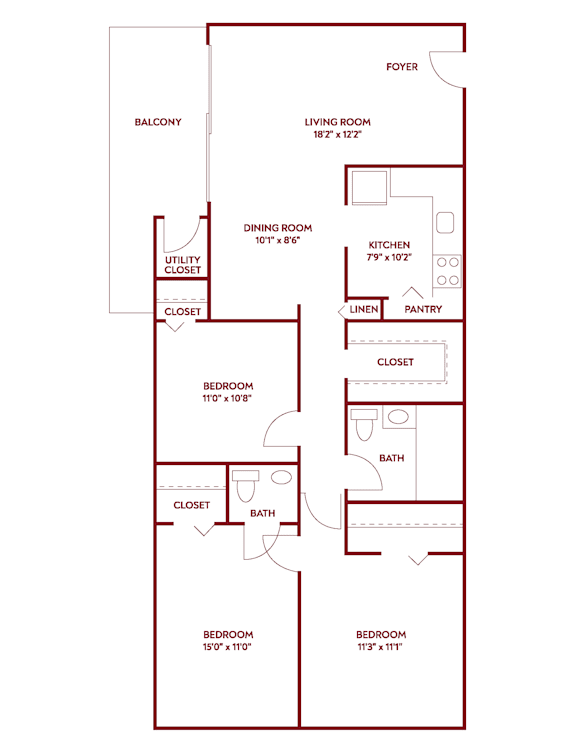 A red floor plan of a house with labeled rooms.