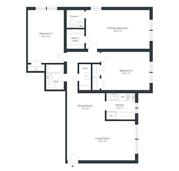 A floor plan of a house with a living room, dining room, kitchen, and three bedrooms.