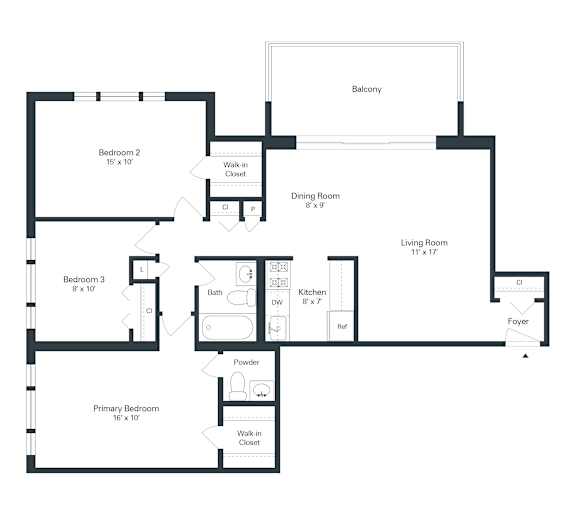 A floor plan of a house with a living room, dining room, kitchen, and three bedrooms.