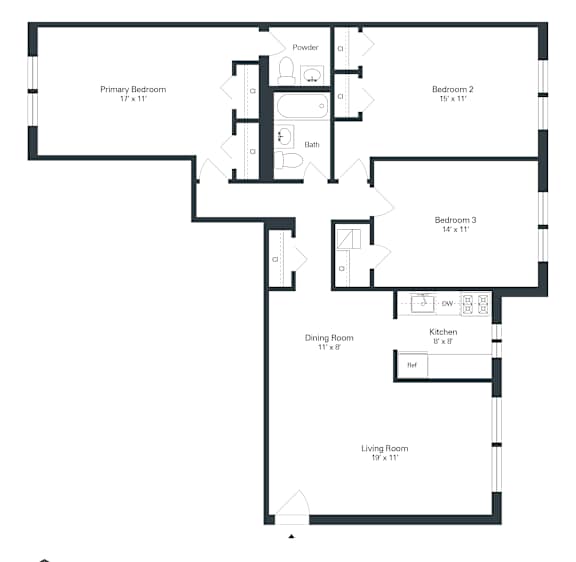 A black and white image of a floor plan for a house with a primary bedroom, three bedrooms, a dining room, kitchen, living room, and bathroom.