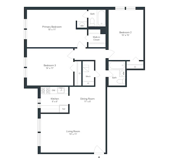 A floor plan of a house with a living room, dining room, kitchen, and three bedrooms.