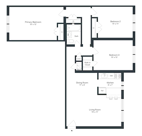 A black and white image of a floor plan for a house with three bedrooms, a living room, a dining room, a kitchen, a bathroom, and a laundry area.