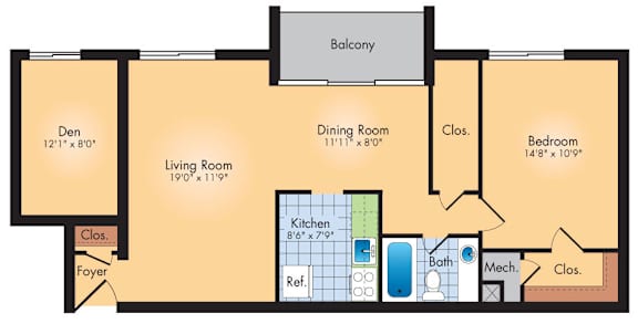 A floor plan of a house with a den, dining room, living room, kitchen, bathroom, and bedroom.