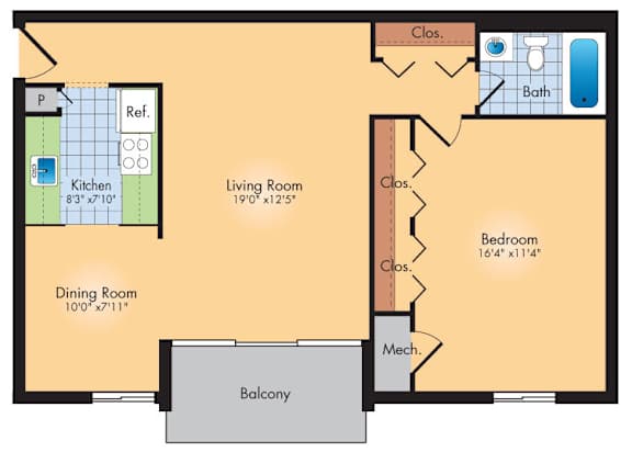 A floor plan of a house with a kitchen, dining room, living room, bedroom, bathroom and balcony.
