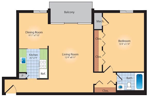 A floor plan of a living room with a kitchen, bathroom, and dining room.