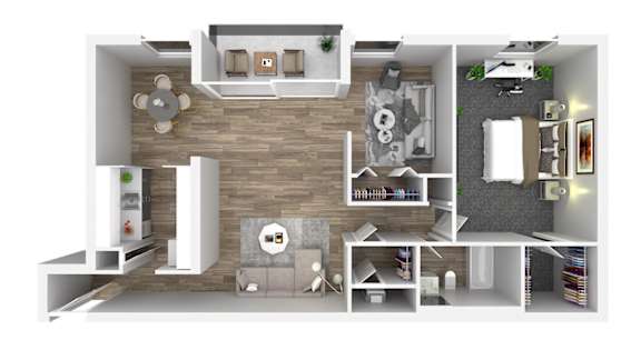 A 3D rendered image of a modern apartment layout.